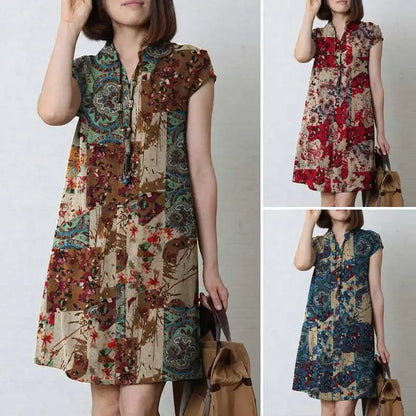 Zanzea Vintage Sommerkleid Sommer knielanges Kleid Frauen Kurzarm lässig Urlaub Kleider Bohemian Blumen gedruckt Vestidos Robe.