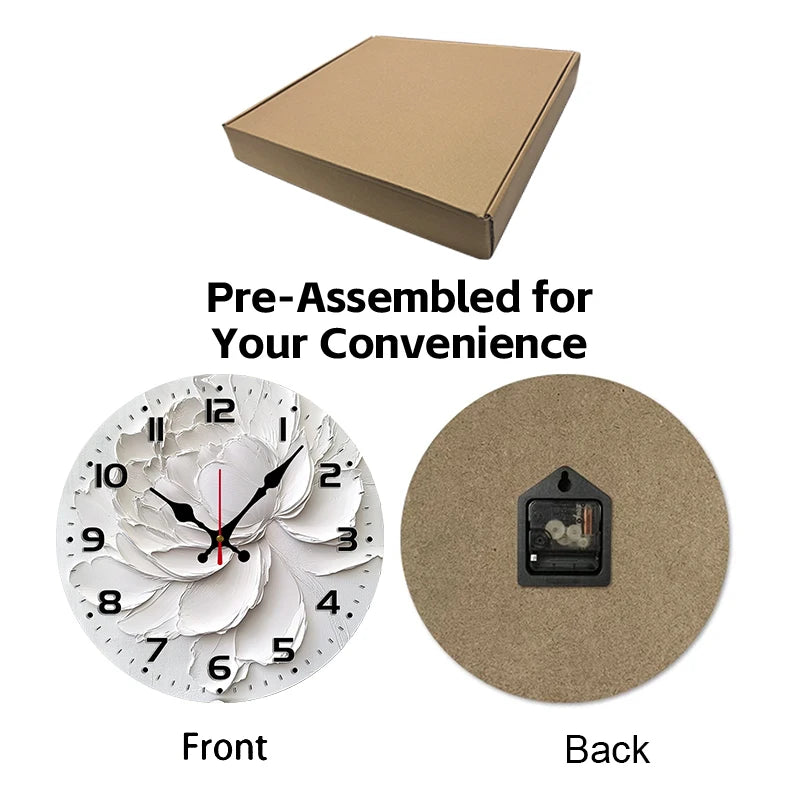 Weiße Pfingstrosen-Holzuhr, rund, geräuschlos, zum Aufhängen, geeignet für Wohnzimmer, Büro, Arbeitszimmer, Schlafzimmer, Heimdekoration