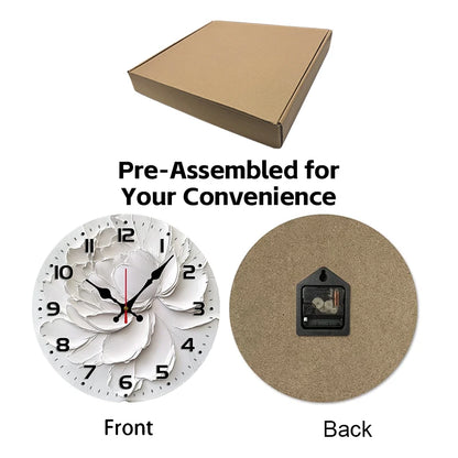 Weiße Pfingstrosen-Holzuhr, rund, geräuschlos, zum Aufhängen, geeignet für Wohnzimmer, Büro, Arbeitszimmer, Schlafzimmer, Heimdekoration