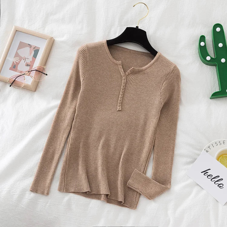 2026 weibliche Casual Tops Pullover Frauen Herbst Winter Gestrickte Dünne Pullover Feste Taste Volle Hülse V-ausschnitt Pullover