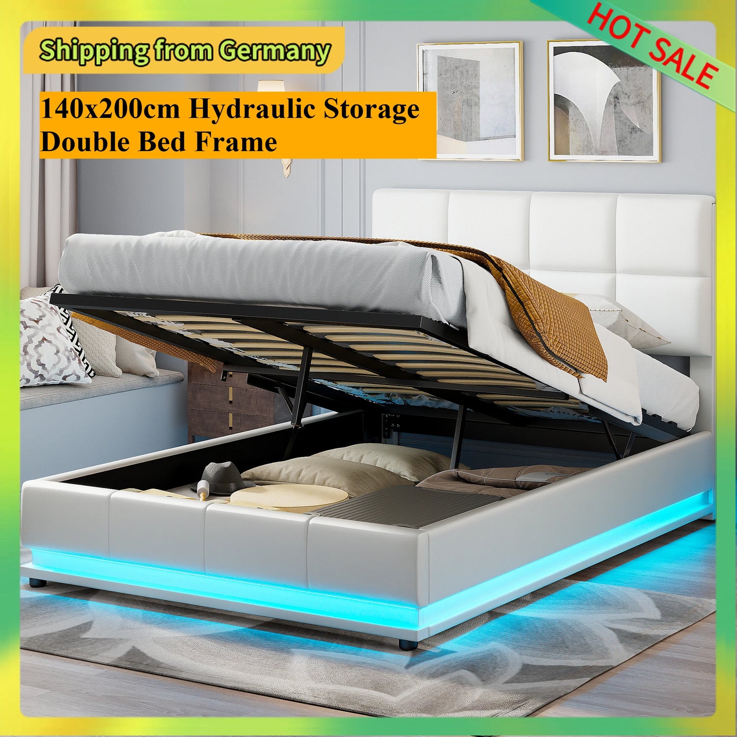 Comanlai Polsterbett 140 x 200 cm mit LED-Leuchten, hydraulisches Bett mit Stauraum, Doppelbett mit Lattenrost, Kunstleder, weiß