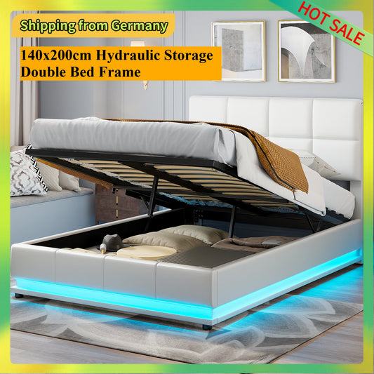 Comanlai Polsterbett 140 x 200 cm mit LED-Leuchten, hydraulisches Bett mit Stauraum, Doppelbett mit Lattenrost, Kunstleder, weiß