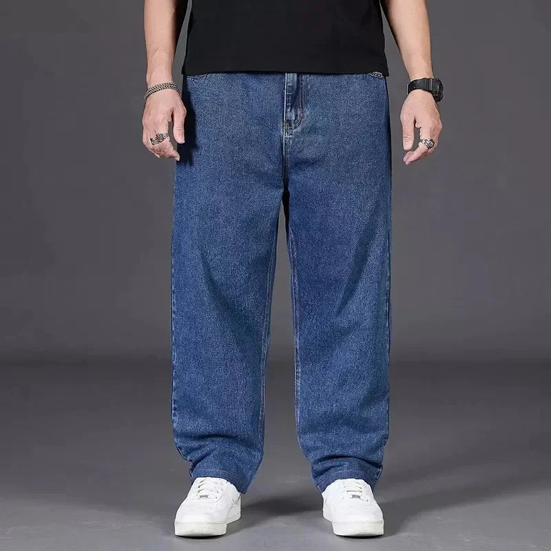 Plus Size Jeans Men's Autumn Loose-Fit Straight-Leg Casual Denim Pants Elastic Waist Wide-Leg Design For Plus Size Men