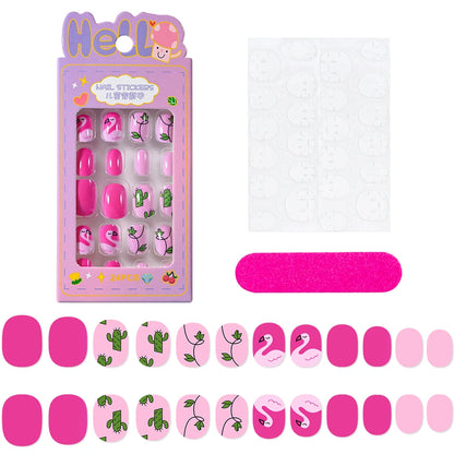 24Pcs/box Kids nails for Girl Cartoon Pattern False Nail Cute Child Fake Nails Tips Kawaii Acrylic Artificial Press on Nail+Tool