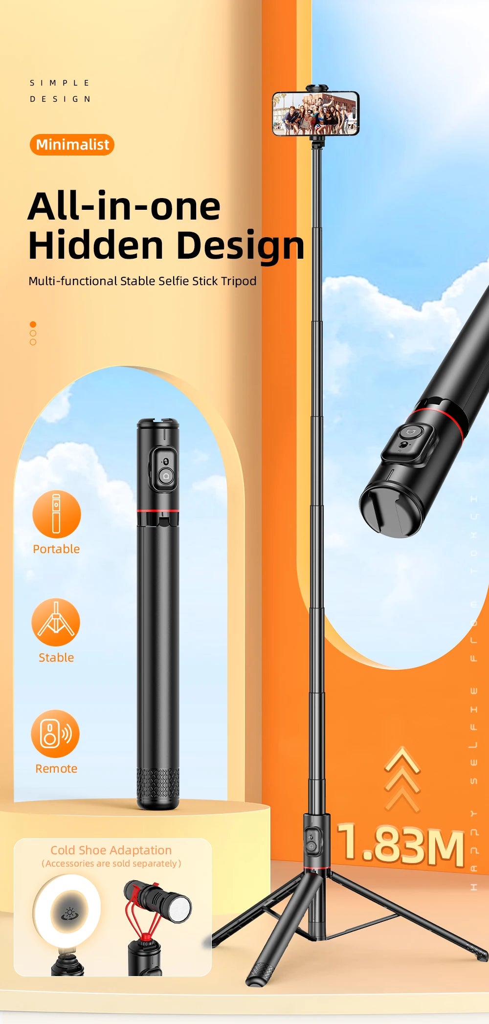 Selfie Stick with Wireless Bluetooth Remote, Portable 72 Inch Aluminum Alloy Selfie Stick Phone Tripod for iOS Android Cellphone.