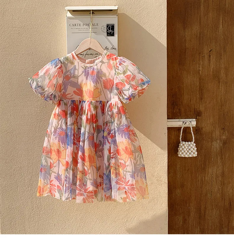 2023 sommer Kinder Kleidung Puff Sleeve Blumen Druck Kleid Für Mädchen Mesh Kinder Kleid für Mädchen.
