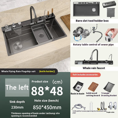 Stainless Steel Kitchen Sink with Waterfall Extra Large Single Slot Digital Display Dishwashing Basin Includes Sinks 100x50cm