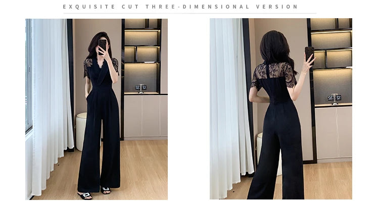 V-neck Solid Office Jumpsuit Women Elegant High Waist Wide Leg Pants Overall 2025 Fashion Slim Hollow Solid Color Romper.