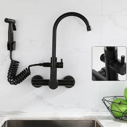 Kitchen Faucet With Spray Gun Wall Mounted Hot Cold Water Mixer Tap Rotatable Faucets Dual Water Mode No Dead corner Cleaning