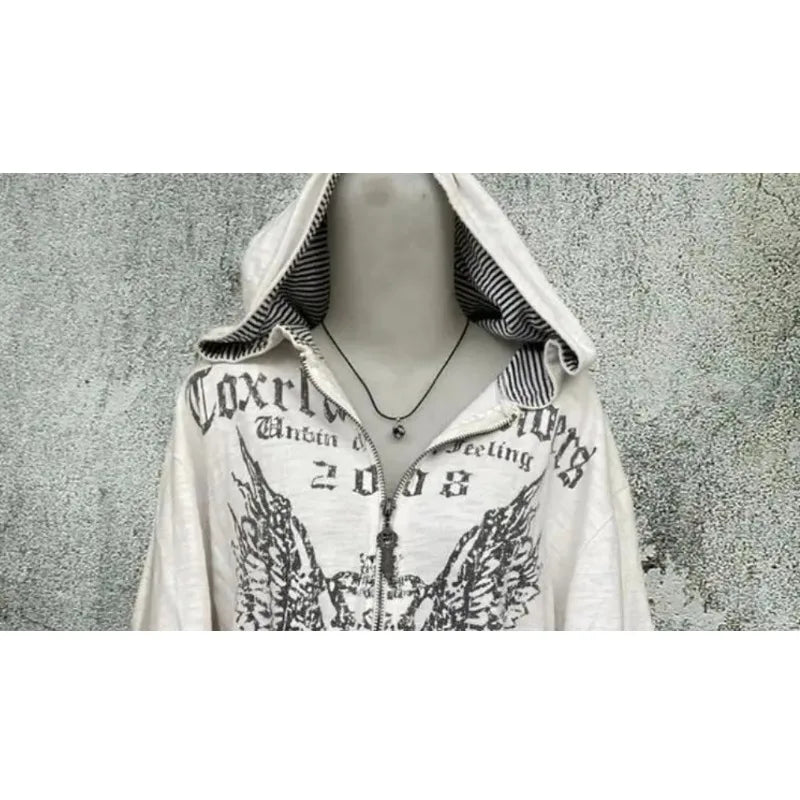 Vintage Sweatshirts 2025 Women's Clothes White Print Tunic Hooded Y2k Coat Streetwear Fashion Casual Hoodies Tops Ropa Mujer.