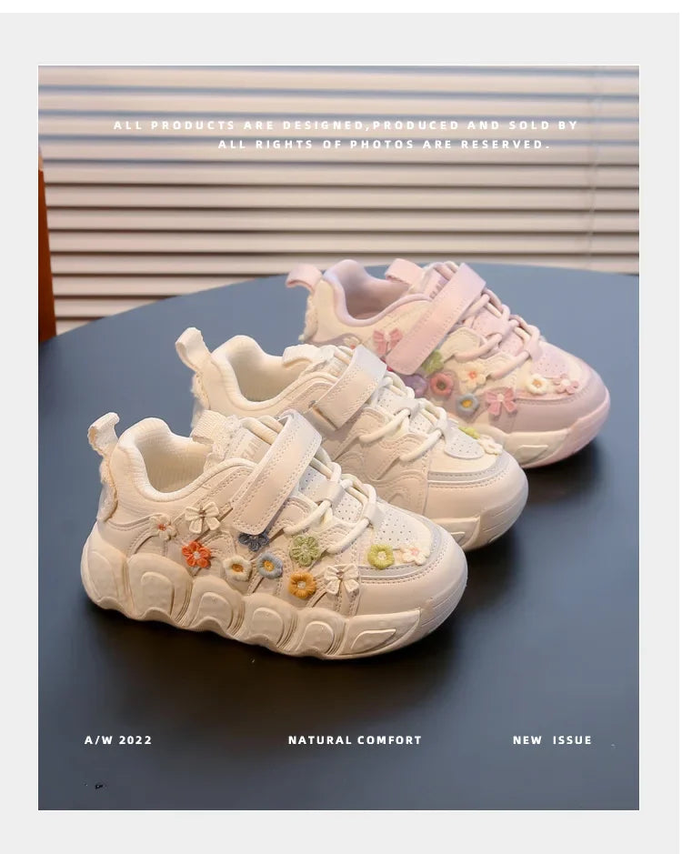 Kids Princess Shoes Thick Soft Sole Trendy Girls Sports Shoes Sweet Embroided 2024 New Fashion Children Sneakers with Flowers.