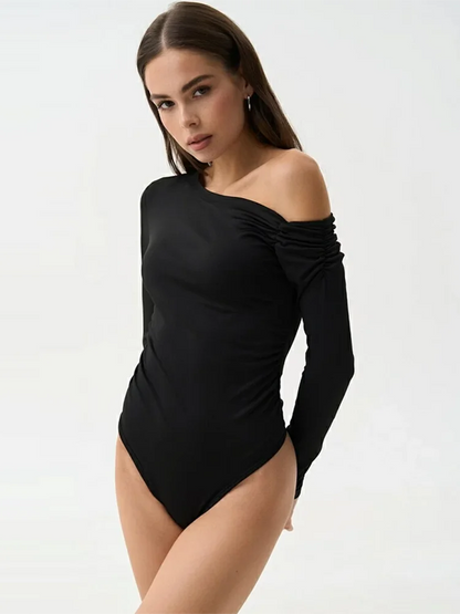 Sibybo Basics Off Shoulder Bodysuits Women Autumn Long Sleeve Ruched Slim Bodycon One Piece Body Tops Solid Casual Lady Overalls.