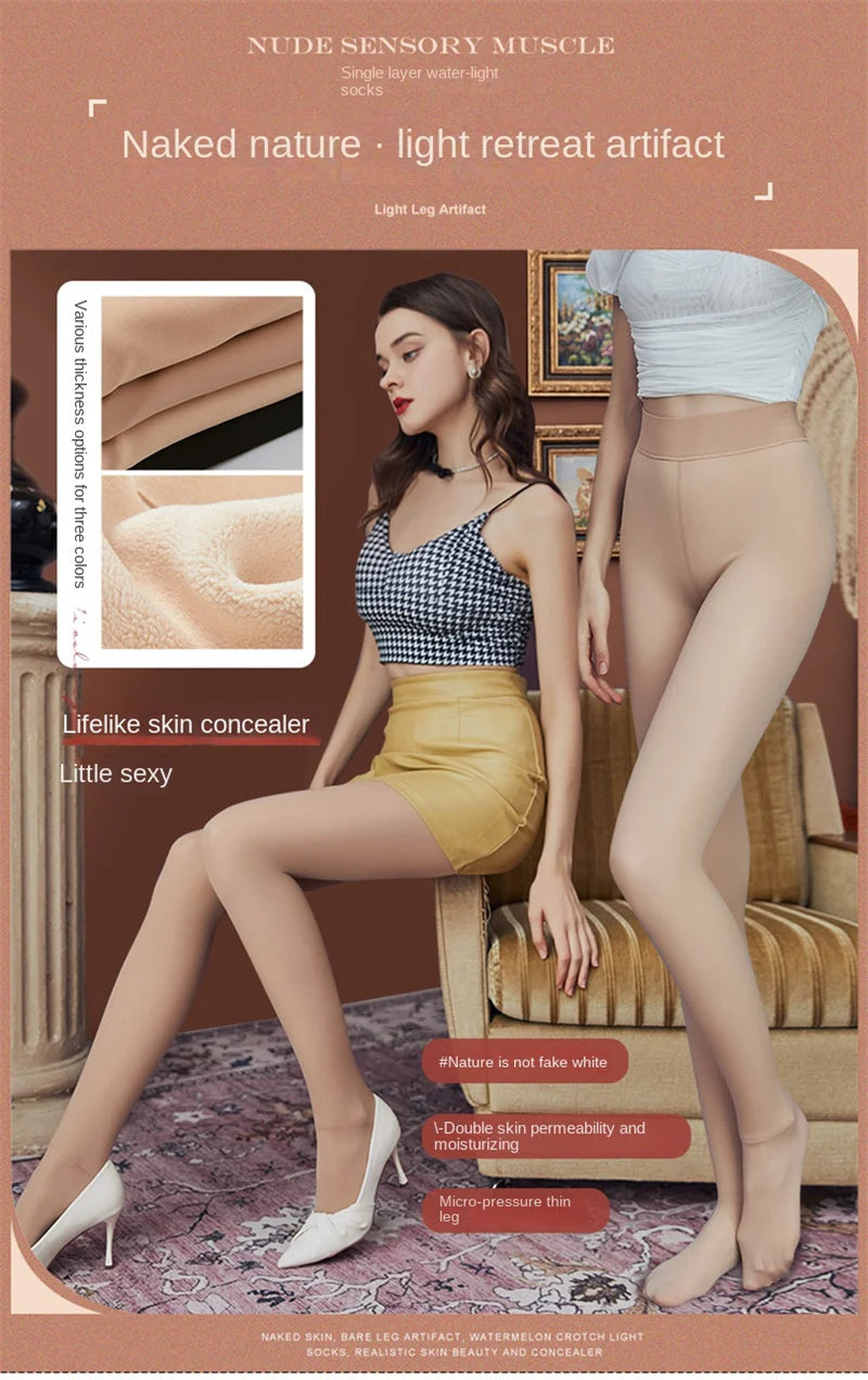 Winter Thermal Pantyhose Women Thicken Stockings Fake Translucent Pantyhose Fleece Lined Tights High Waist Elastic Wool Socks