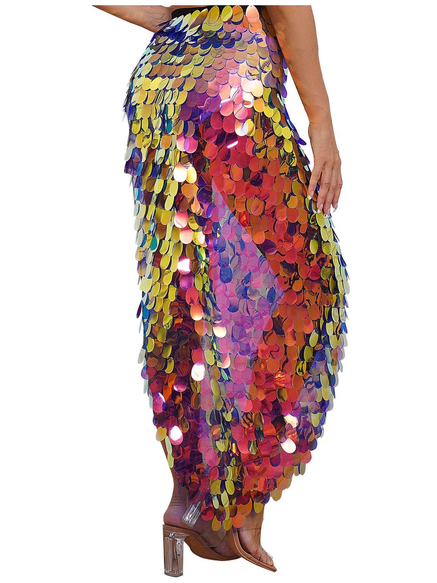 Womens Sequins Dance Skirt Lace-Up Mermaid Hip Scarf Wrap Long Belly Dance Hip Skirt Festival Dance Stage Performance Costumes.