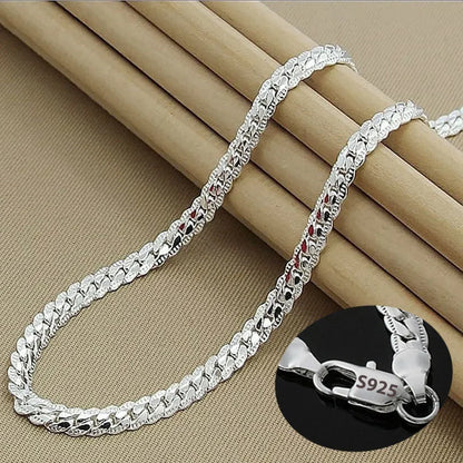 925 Sterling Silver 2 Piece Full Side Chain Necklace Bracelet Women Men Fashion Jewelry Set Wedding Gift.