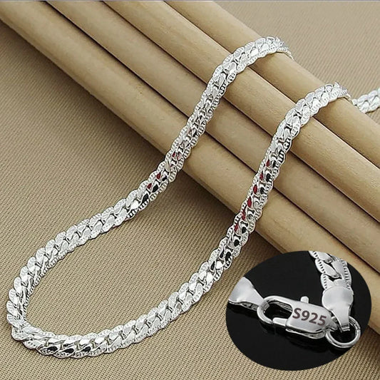 925 Sterling Silver 2 Piece Full Side Chain Necklace Bracelet Women Men Fashion Jewelry Set Wedding Gift.