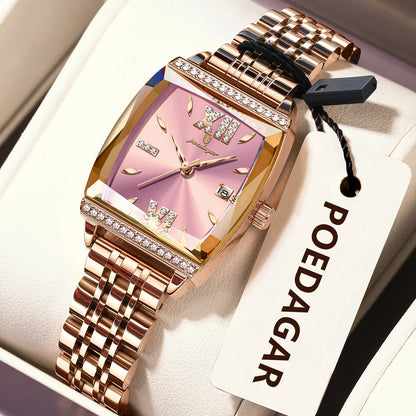 POEDAGAR Diamond Luxury Watch For Woman High Quality Waterproof Date Ladies Quartz Watch Stainless Steel Women Watches Reloj+Box