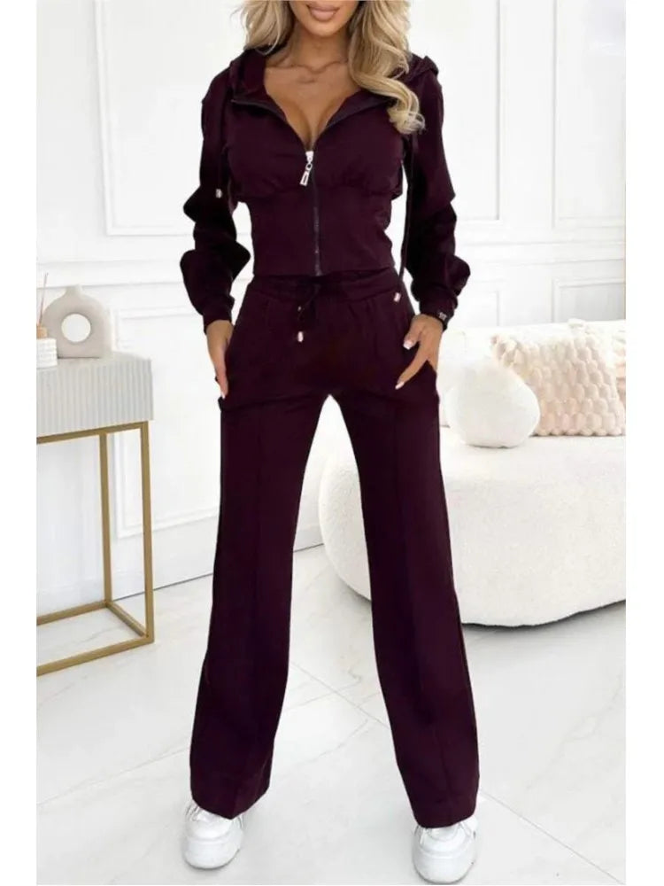 Autumn And Winter Hooded Zipper Jacket Tight Solid Color Two-piece Sets Women Fashion Casual New Wide Leg Pants 2 Piece Set.