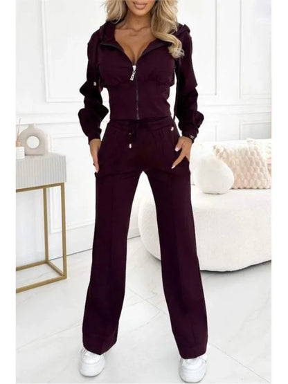 Autumn And Winter Hooded Zipper Jacket Tight Solid Color Two-piece Sets Women Fashion Casual New Wide Leg Pants 2 Piece Set.
