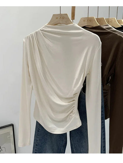 Early Autumn Pure Color High Neck Pleated Slim Fit Sexy Base Shirt Women's Fashionable Crew Neck T-shirt Full Sleeve China Origi.