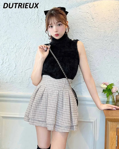 Japanese Lolita Skirts Ruffled Pleated Plaid Skirt Women 2025 Spring New Elastic High Waist Slimming Gentle Mini Skirt Culottes.