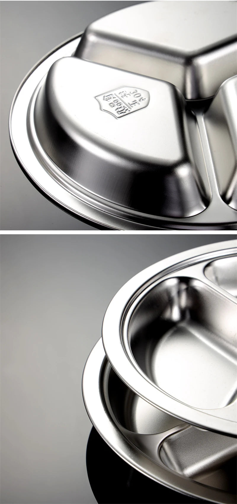 3 Grid Satinless Steel Food Plate Round School Kids Dish Trays Meal Sharing Dishes Set Service Table Student Main Dining Cutlery.
