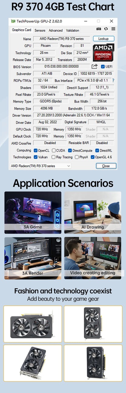 SOYO R9 370 Graphics Cards 4G DDR5 256bit HDMI compatibility+DP+DVI For Desktop Gaming Computer Components GPU Video Card.