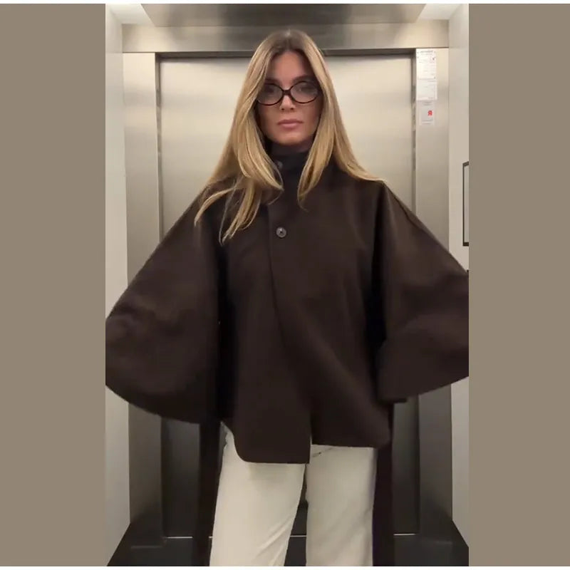 Damenmantel, kurze Cape-Mäntel für Damen, Gürtel, Mäntel aus Kunstwolle und Mischungen, Herbst-Winter, feste Mäntel, elegante Umhangjacke für Damen.