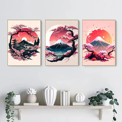 3pcs Frameless Japanese Natural Landscape Canvas Painting Black And Red Posters Vintage Ink Art Wall Prints For Living Room Home.