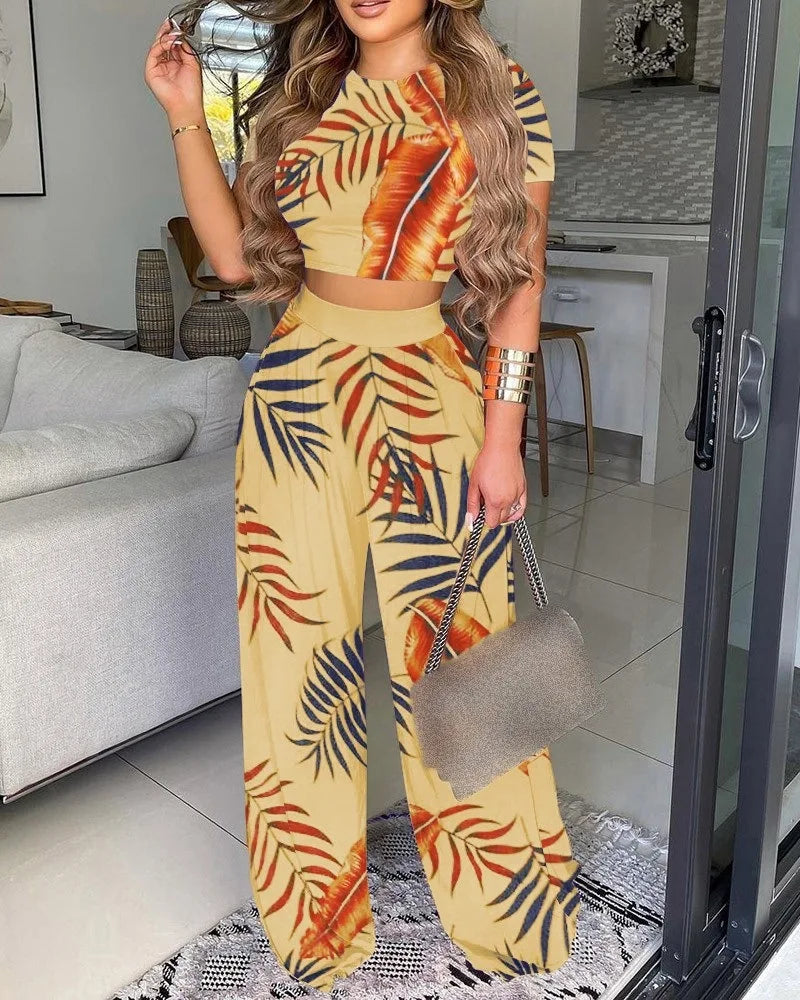 Women Print Pant Sets Two Piece Suit Round Neck Short Sleeve Tops Vests Wide Leg Trousers High Waist Pant Matching Sets Summer.