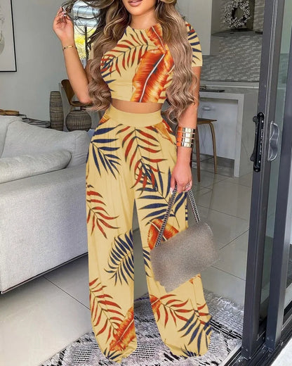 Women Print Pant Sets Two Piece Suit Round Neck Short Sleeve Tops Vests Wide Leg Trousers High Waist Pant Matching Sets Summer.