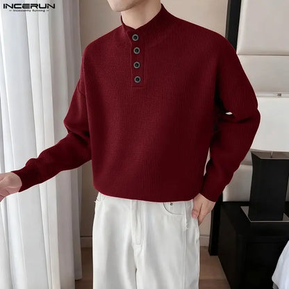 INCERUN Men Pullovers Solid Color Knitted Turtleneck Long Sleeve Male Sweaters Streetwear Knitted Fashion Casual Men Clothing.