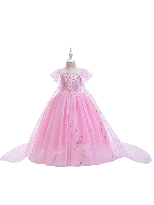 Mädchen rosa Pailletten Mesh Prinzessin Kleid, Mesh kurze Ärmel, mit Umhang, geeignet für Party, Tanz, Performance, Karnevals kleid.