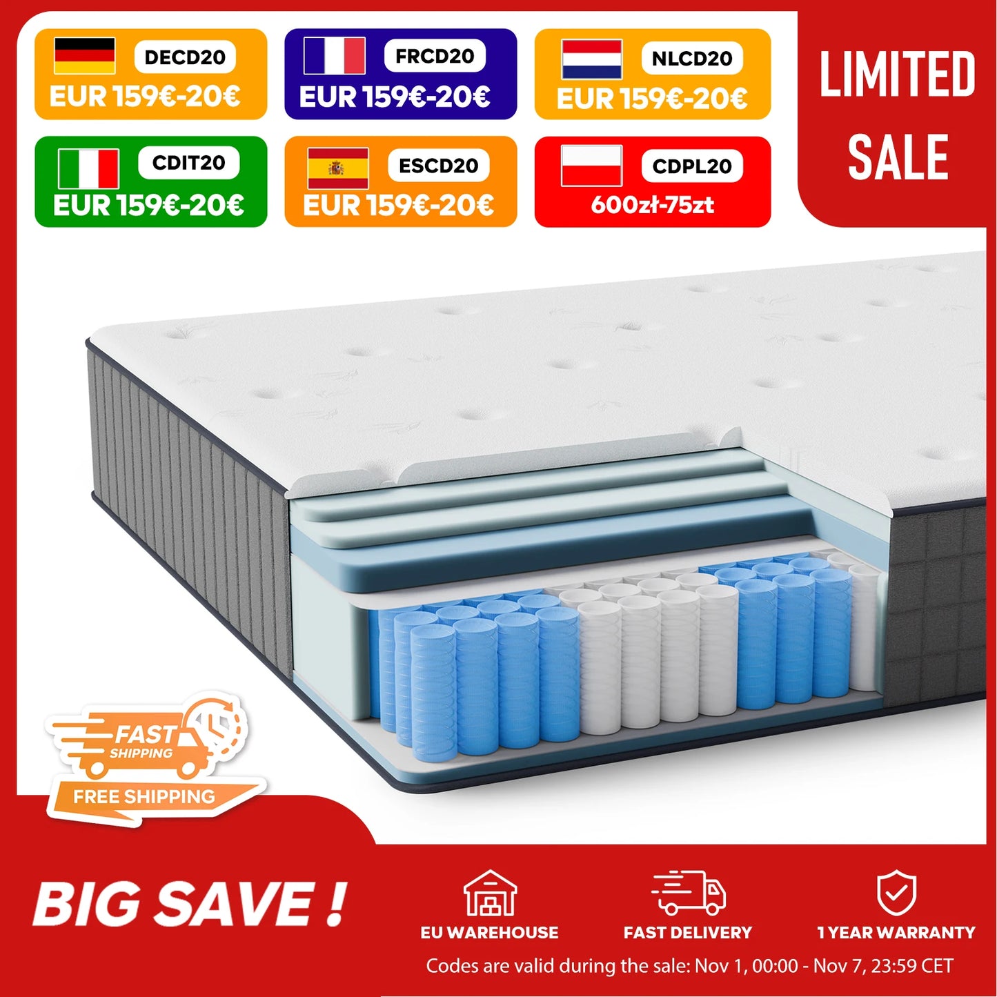 Taschenfederkernmatratze 25cm H3 - 7-Zonen mit Diatomenschaum & orthopädischem Support