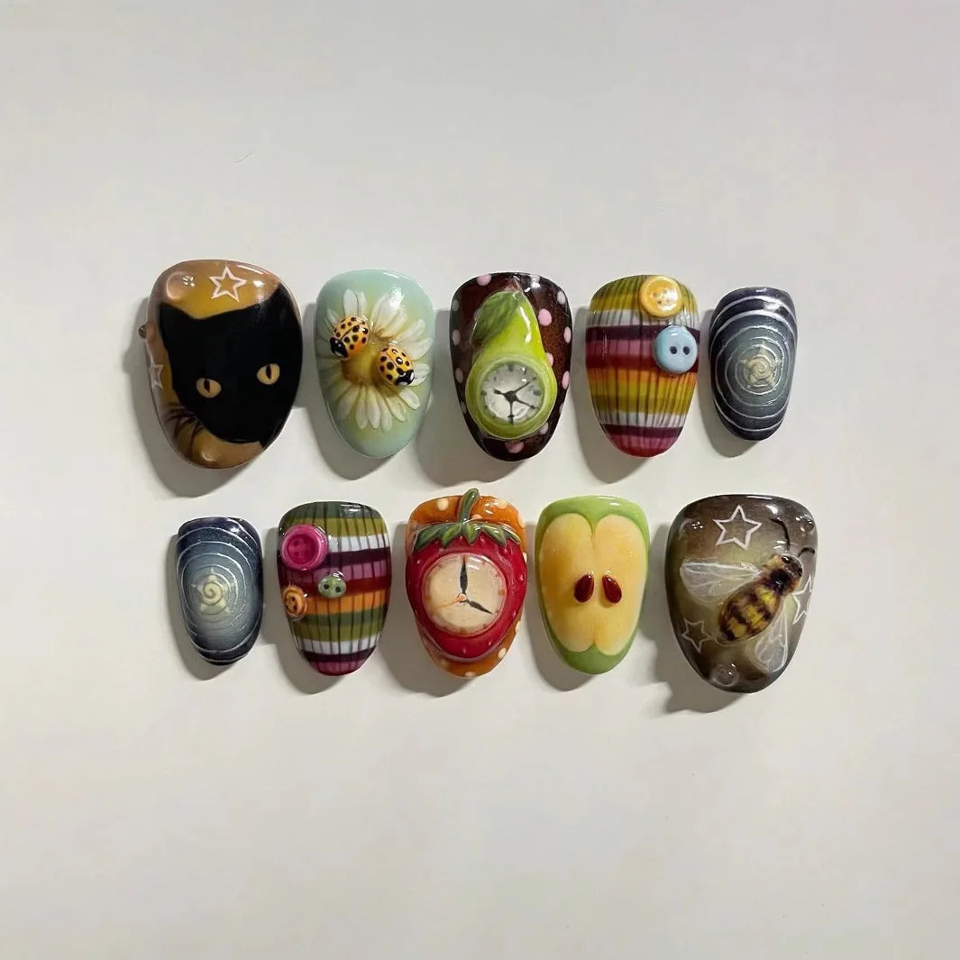 10pcs Dark Black Style Handmade Fake Nails Y2k Star Horor Foreat Designs Press On Nails Halloween Wearable Almond False Nail.