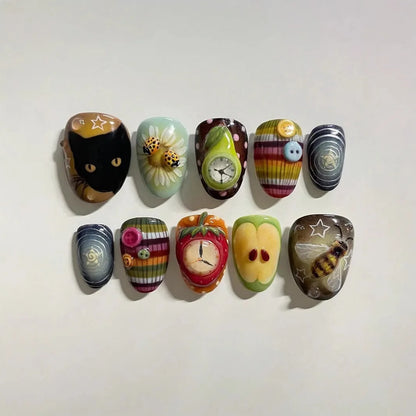 10pcs Dark Black Style Handmade Fake Nails Y2k Star Horor Foreat Designs Press On Nails Halloween Wearable Almond False Nail.