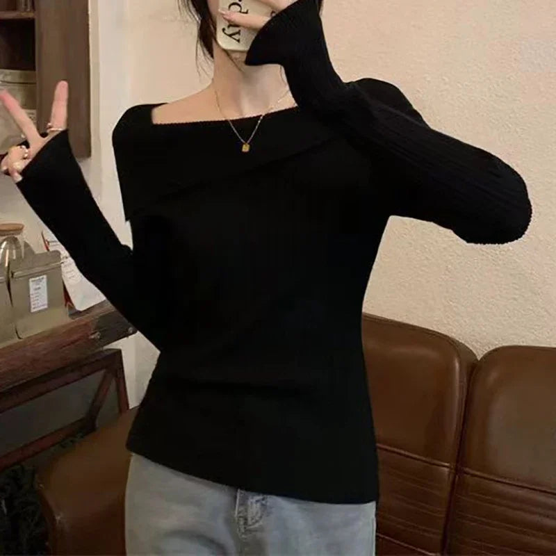 Solide Sexy Schlank Off Schulter Slash Neck Langarm Stricken Pullover Frauen Jumper Büro Mode Neue.