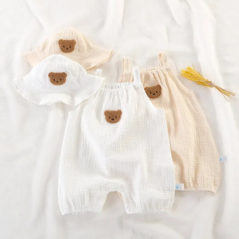 Neugeborene Baby Sommer dünne Bodysuit Mädchen ärmellose Hosenträger Stram pler Anzug Jungen niedlichen Stickerei Cartoon Pyjama Hut 2 Stück Set.