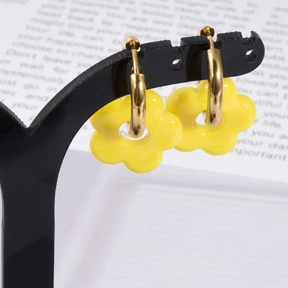 Colorful Flower Glass Drop Charms Earring Gold Color Circle Ear Buckle Hoops Stainless Steel Earrings Fashion Jewelry for Women.
