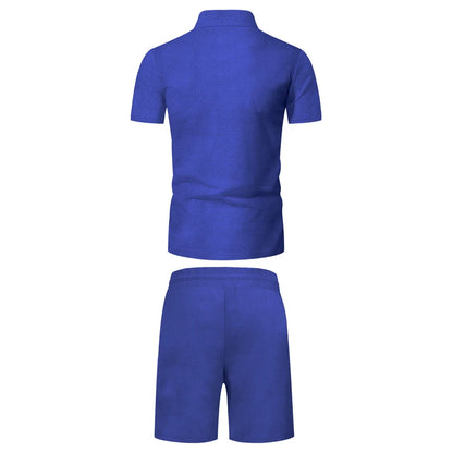 Men's Comfortable Short-Sleeved Waffle Polo Shirt And Shorts Set - Breathable Lightweight Spring/Summer Clothing.