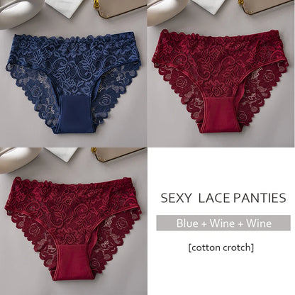 3PCS/Set Luxury Floral Embroidery Lace Panties Women Briefs Sexy Hollow Lingerie Female Underwear Ladies Breathable Underpants.