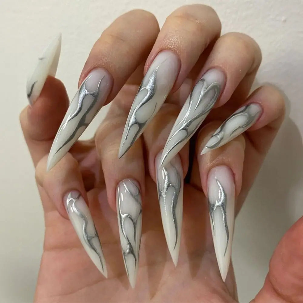 24pcs Long Stiletto French Fake Nails White Edge Simple Aurora False Nails Full Cover Press on Nails DIY Detachable Manicure.