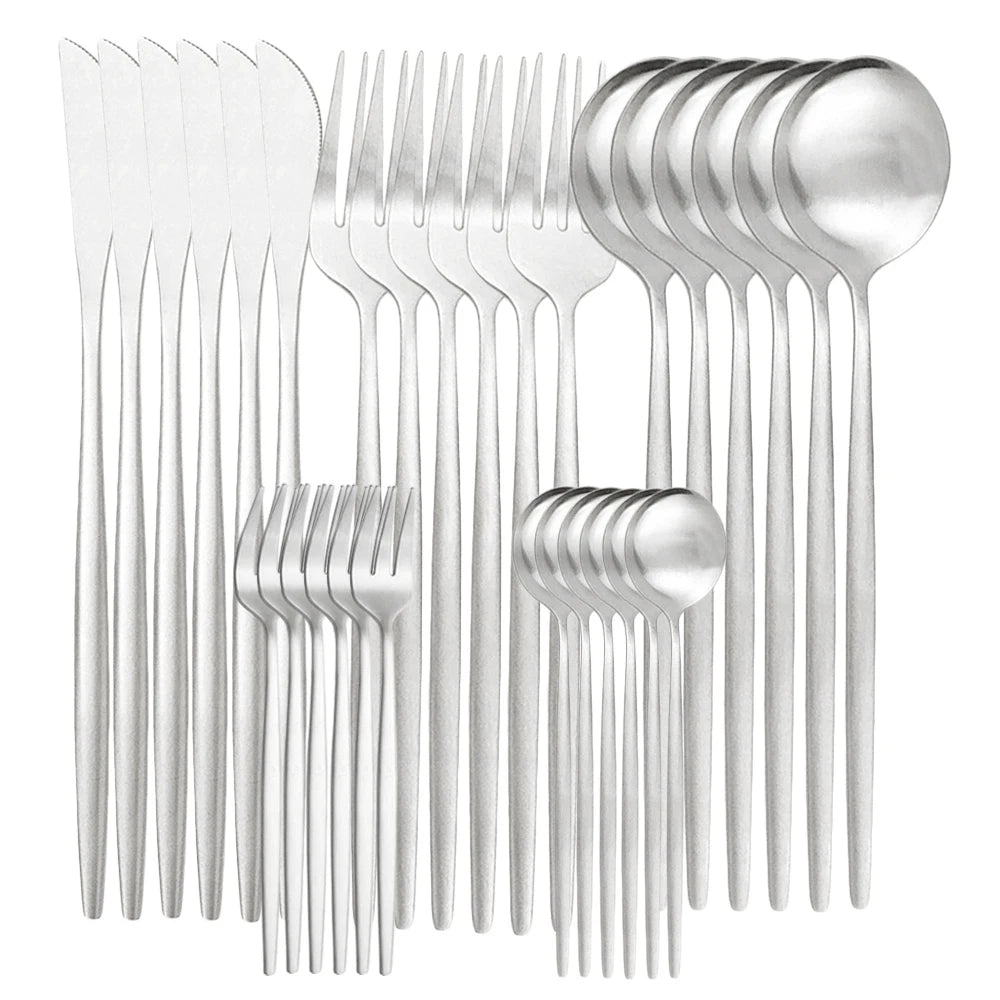 30-Piece Matte Stainless Steel Tableware Knife, Fork and Spoon.