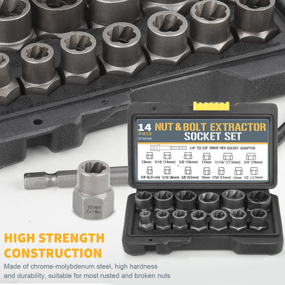 [EU-Lager] 14-teiliges Steckschlüsselset, Schlagschrauben-Mutterentferner-Set, Cr-Mo-Stahl-Schraubenausdreher-Werkzeugset für industrielle Schlagschrauben und Muttern