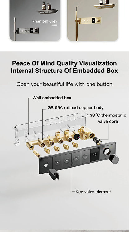 Deckenmontiertes thermostatisches LED-Digitalanzeige-Duschsystem. Eingebetteter Badmischer aus Messing im Wasserfallstil für heißes und kaltes Wasser
