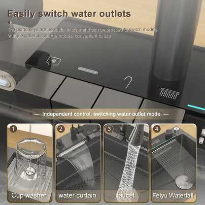 Edelstahl-Küchenspüle mit Wasserfall-Wasserhahn, integrierte Digitalanzeige, geprägtes Waschbecken für die Küche