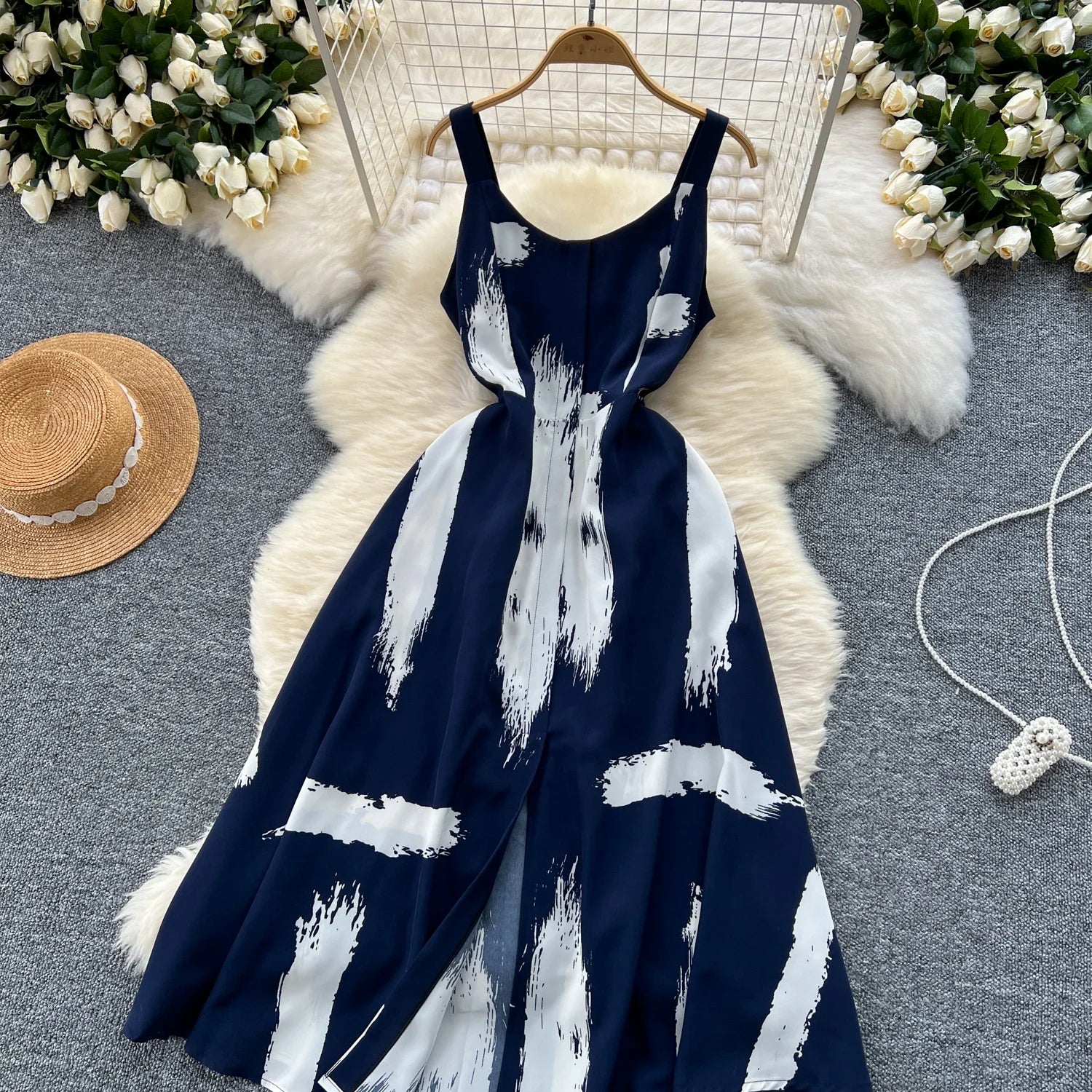 Neue Sommer Druck Süße Kleid Träger O Neck Backless Split Elegante Damen Urlaub Strand Party Midi Sommerkleid.