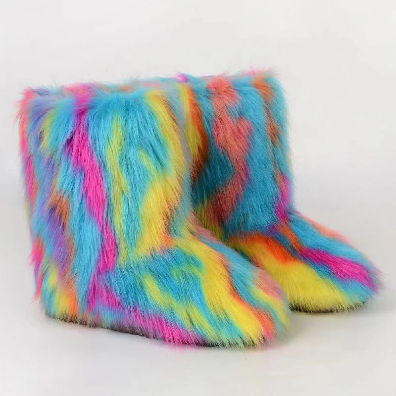 Y2K Fluffy Mid-calf Boots Winter Women Fashion Snow Boots Warm Cotton Shoes.