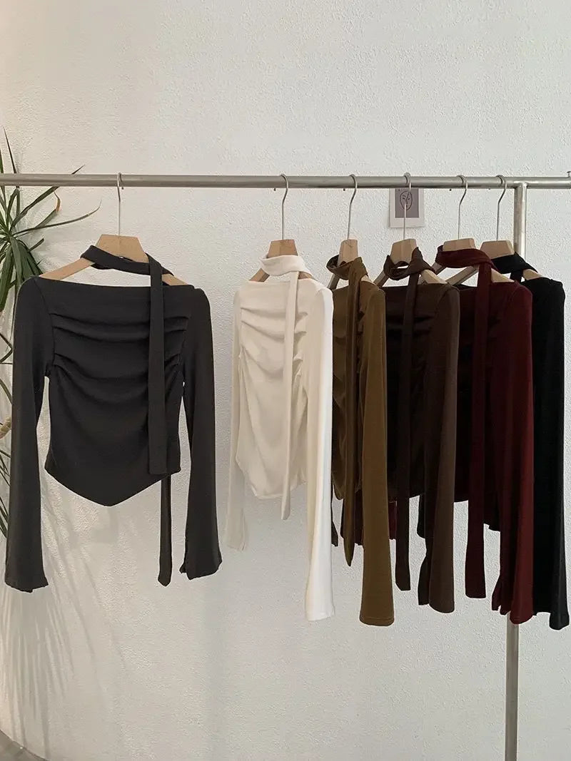 Elegant Long Sleeve Neck Hanging Sash Slim Fit T-Shirt Women's Red Black Other Pure Color Pleated Chic One Shoulder Top.