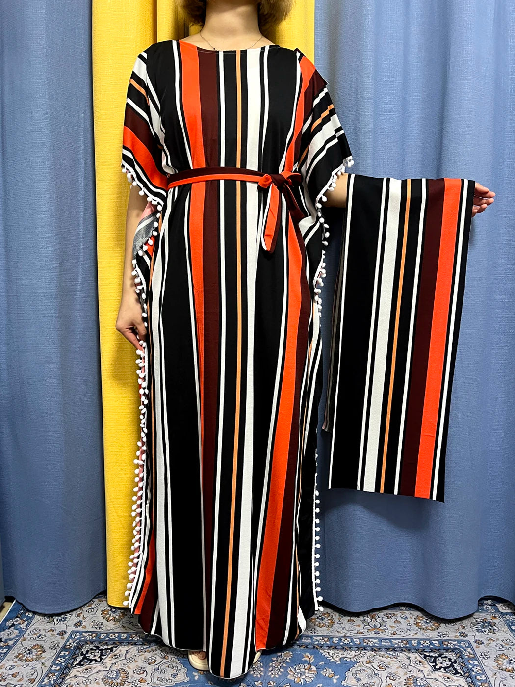 Abayas For Women 2024 Printed Vertical Stripe Tassels Elasticity Loose Fit Femme Robe African Woman Dresses With Belt Headscarf.